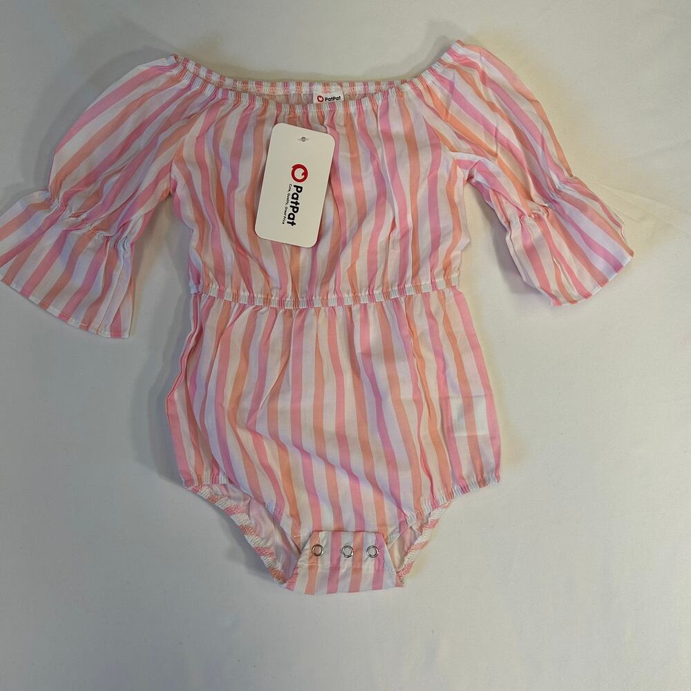 New PatPat Baby Girl Pink & White Stripe Off-Shoulder Romper Size 9–12 Months